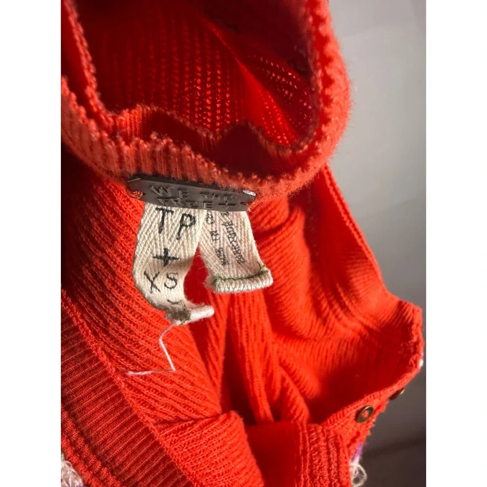 Free People We The Free Orange Red Thermal Henley Embroidered Trim Top XS